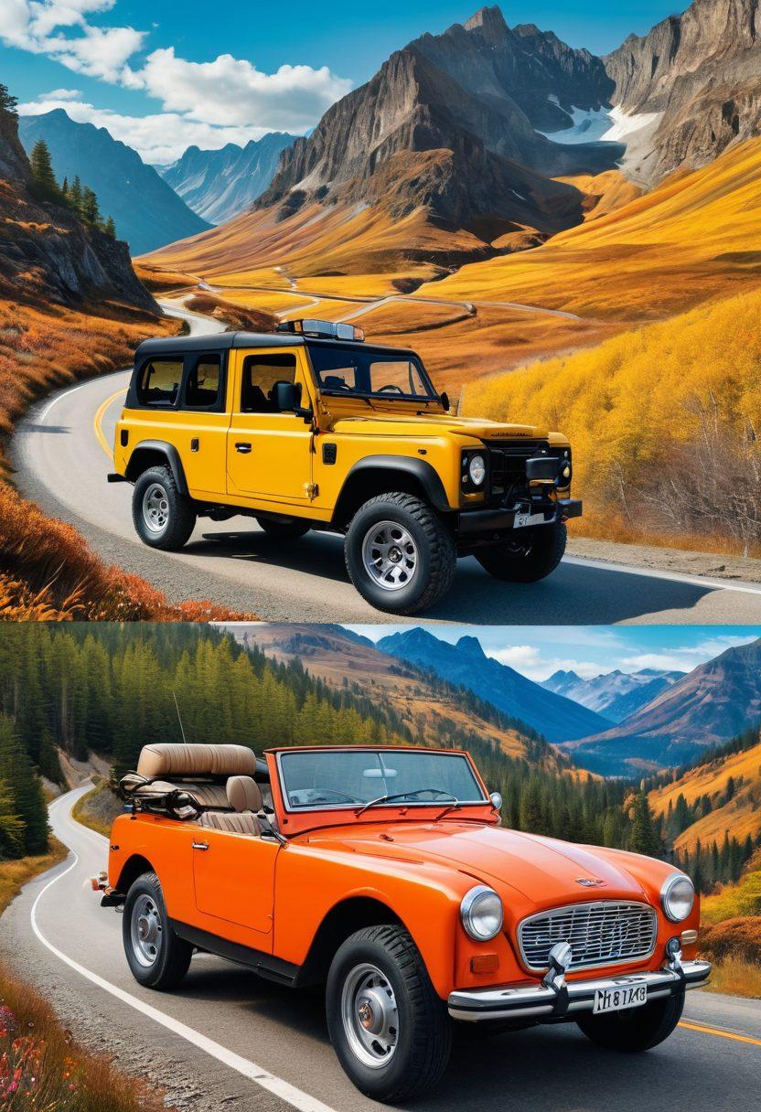 A vibrant collage showcasing diverse vehicles like a rugged 4x4, a sleek motorcycle, and a classic convertible on a winding scenic road. Incorporate breathtaking landscapes in the background including mountains, beaches, and forests. Include travel accessories like a map, compass, and suitcase to evoke a sense of adventure. Bright, inviting colors with a sense of motion and excitement. super-realistic. vibrant colors.