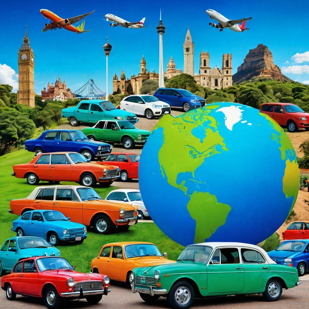 A vibrant collage showing a variety of rental cars parked in front of famous landmarks from around the world. Include visual elements like a globe and travel icons (suitcases, maps, keys), showcasing options for both short-term and long-term rentals. The cars should differ in style, color, and size, symbolizing diversity in travel experiences. Bright skies and green surroundings to convey a sense of adventure. super-realistic. vibrant colors.