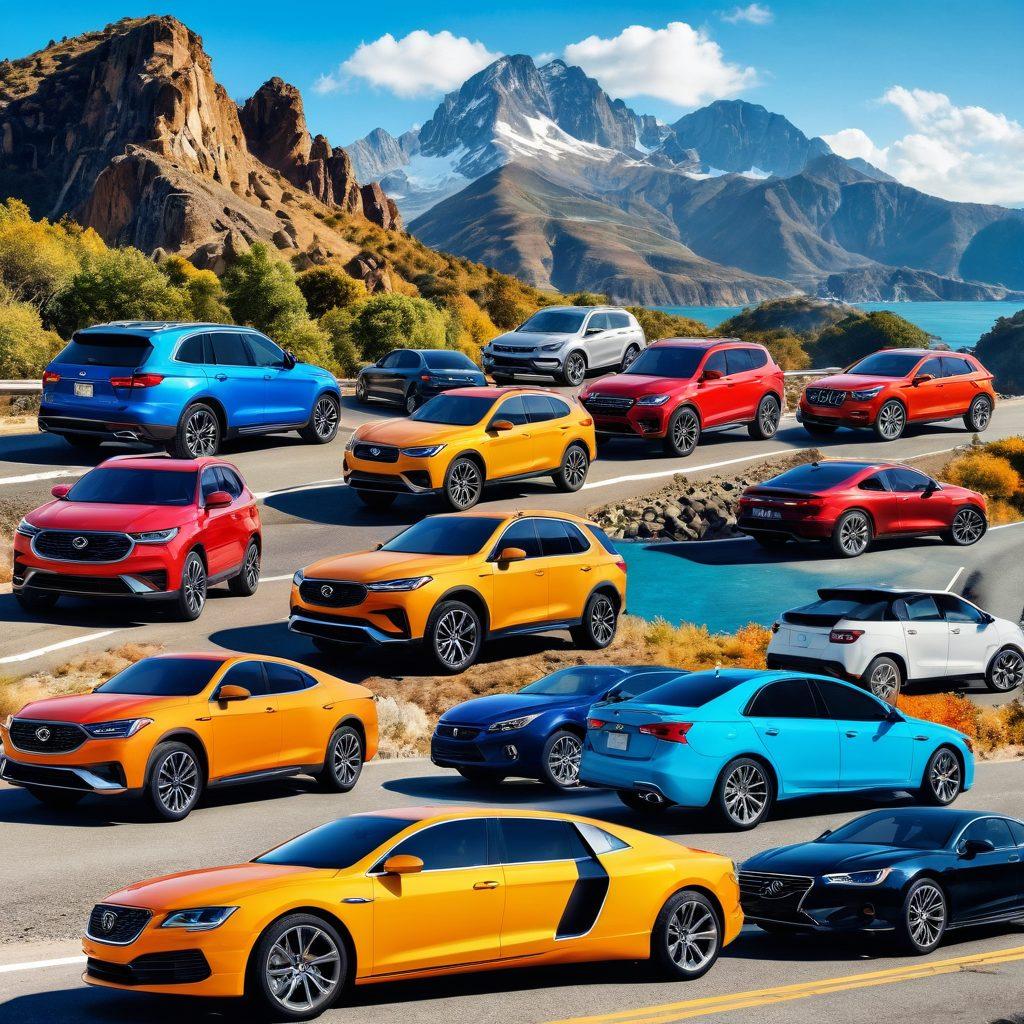 A stunning collage showcasing a variety of vehicles, transitioning from rugged SUVs to sleek luxury cars, set against diverse travel backgrounds: a mountain road, a city skyline, and a coastal highway. Each vehicle reflects different travel needs, featuring gear and luggage suited for adventure and elegance. The scene should be vibrant and dynamic, capturing the excitement of travel choices. super-realistic. vibrant colors. 3D.